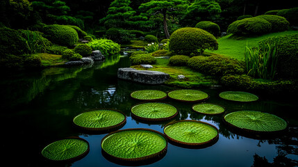 Beautiful Japanese garden Zen pond with lily pads tranquil nature photography serene landscape scenic view