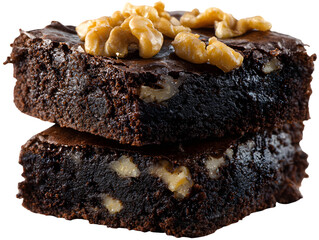 Stacked Walnut Brownies: Decadent chocolate walnut brownie stacked on top of another to showcase rich, dark dessert.