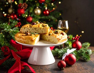 Fougasse, aux olives spécialité provençale, présentée sur plateau à piédestal dans une ambiance festive. Generated image