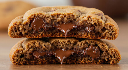 Macro photo of warm cookie with melted chocolate. Crumbly dessert detail.

