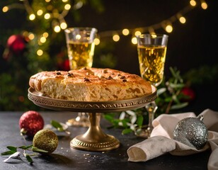 Fougasse, aux olives spécialité provençale, présentée sur plateau à piédestal dans une ambiance festive. Generated image
