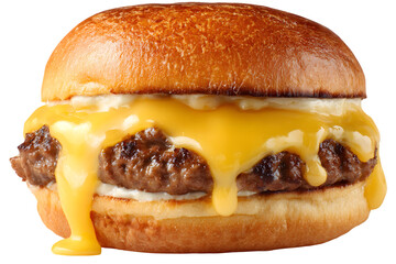 Cheeseburger Temptation: A mouthwatering, close-up shot showcasing a classic cheeseburger, overflowing with melted, golden cheese, juicy patty, and soft bun.