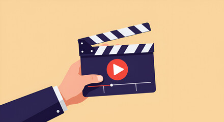Hand holds video clapperboard with play button