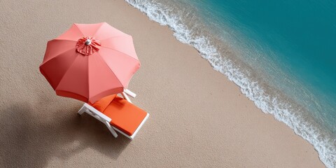 Overhead View of Coral Beach Umbrella and Orange Lounge Chair on Sandy Beach Near Turquoise Ocean