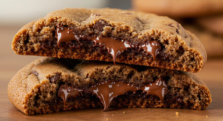 Macro photo of warm cookie with melted chocolate. Crumbly dessert detail.

