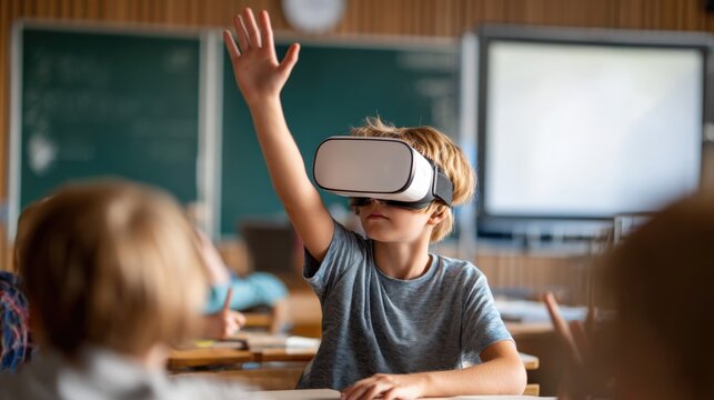 Curious boy in VR headset raising hand during interactive classroom simulation.