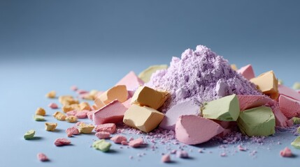 Pastel Candy Pieces and Powder on Blue Background