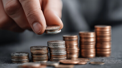 Man adds coins to stack symbolizing steady money growth and strong financial business concept