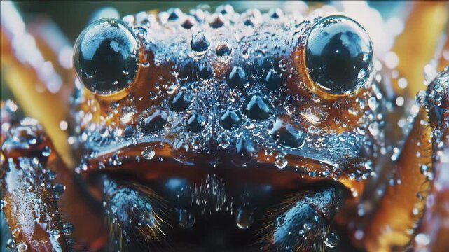 A close up of a frog's face with water droplets on it. The frog has a black eye and a brown eye