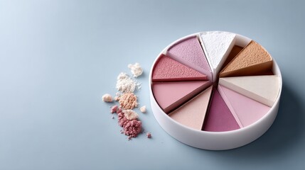 Pastel Cosmetic Powder Palette  Pink, Beige, and White Shades on Light Blue Background