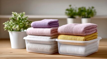 Pastel Colored Towels in Clear Storage Containers on Wooden Surface