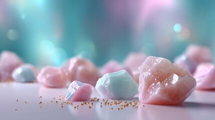Pastel Crystal Rocks on White Surface with Gold Speckles