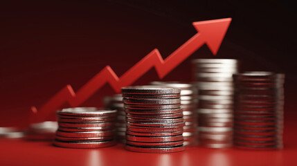 Up arrow with stacked coins represents inflation interest rate rise and banking system trends
