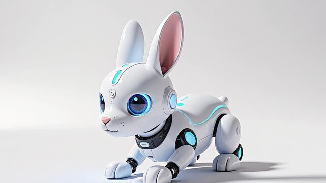 Robotic bunny with blue accents crawls on a white surface