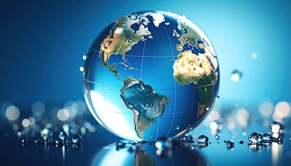 Glass Earth Globe with Water Drops, Blue Background, and Planet.