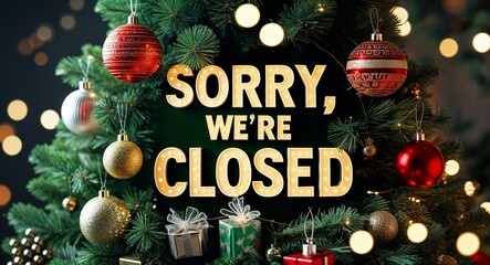 sorry were closed lettering on christmas tree with presents and baubles lights