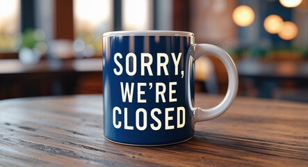 sorry were closed lettering on coffee mug at table