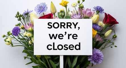 sorry were closed lettering on plain white card on bouquet of flowers background