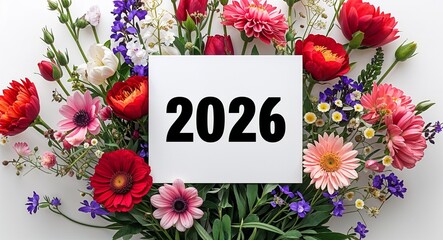 2026 lettering on plain white card on bouquet of flowers background