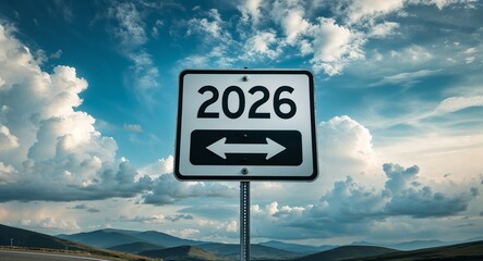 2026 text on road sign with clouds and sky background