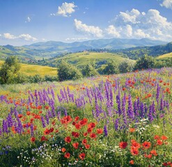 Fototapeta premium Vibrant meadow filled with red poppies and purple lupines under a bright blue sky with scattered white clouds overlooking rolling green hills and distant mountains