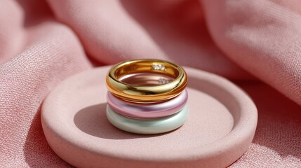 Pastel Gold Rose Gold and Green Rings on Pink Fabric