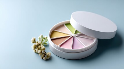 Pastel Makeup Palette with Floral Accents on Light Blue Background