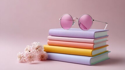 Pastel Notebooks Stack with Pink Sunglasses and Flowers on Pink Background