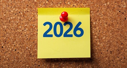 2026 word written on a note sticky on corkboard
