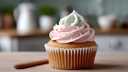 Pastel Pink and Mint Green Frosted Cupcake on Wooden Table