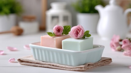 Pastel Pink and Green Rose Soap Bars in a Ceramic Dish