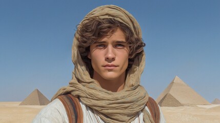 Selfie of biblical Joseph in ancient Egypt wearing traditional Egyptian attire, with pyramids and Giza plateau in the colorful background