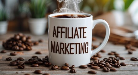 affiliate marketing lettering on coffee mug at table