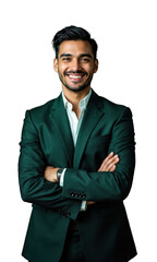 A Latinx male CEO in bold emerald green, arms confidently crossed, surrounded by floating data streams representing his expertise