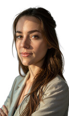 A White female business leader with sharp features and a focused gaze, surrounded by glowing beams of light, symbolizing strength