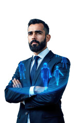 A strategic male executive in dark cobalt, surrounded by floating holographic figures representing business innovation, symbolizing his emotional commitment