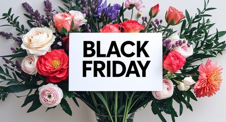 black friday lettering on plain white card on bouquet of flowers background
