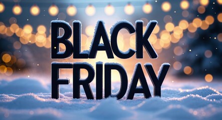 black friday lettering on winter snow holidays blurred lights bokeh background