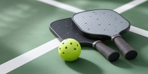 Pickleball Paddles and Ball on Green Court