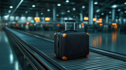 A suitcase on the airport conveyor belt, ready for pickup by passengers.