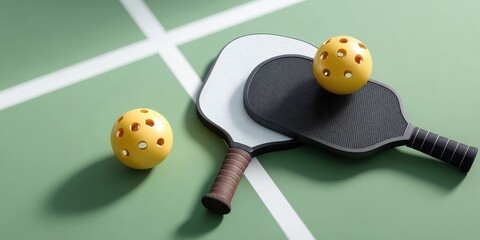 Pickleball Paddles and Balls on Green Court