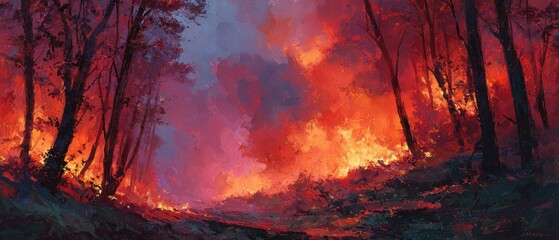 Impressionist painting of a forest fire, swirling flames and smoke, trees bending in heat, intense red and orange tones, dramatic brush strokes, artstation style.