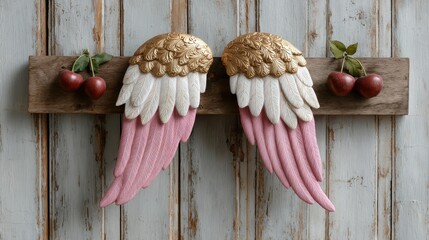 Pink and Gold Angel Wings with Cherries on Rustic Wood