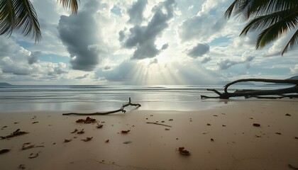 Tropical Beach Driftwood Skies &ndash; Serenity in Stormlight