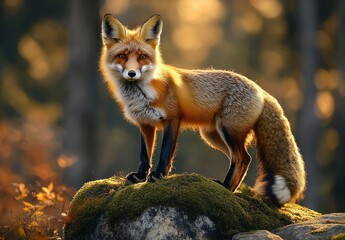 Alert red fox standing on moss-covered rock in softly lit forest with golden bokeh background