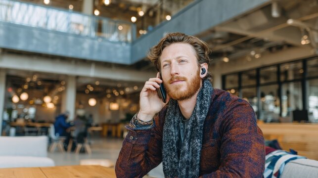 Digital nomad talking to client via mobile voice in modern coffee space.