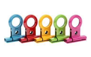 Five colorful binder clips arranged in a row isolated on transparent background