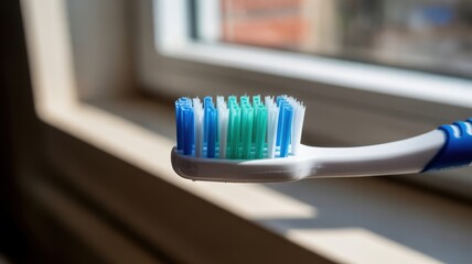 Close-up of blue and green toothbrush in sunlit room