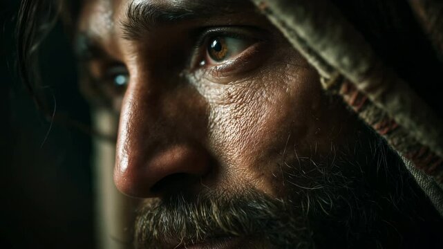 Photorealistic close-up of a man with a beard and intense stare. Reflects themes of prophecy and redemption, referencing Jonah's call to Nineveh.
