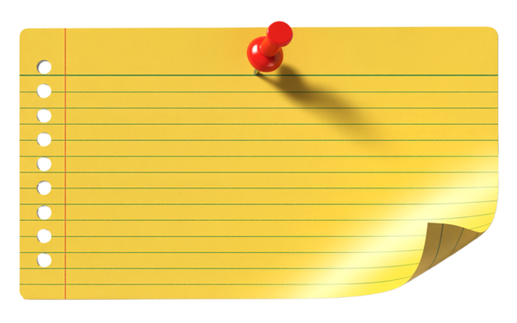 Yellow lined notebook page with red pushpin and curled corner isolated on transparent background